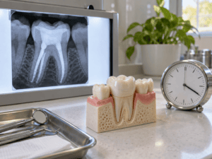 Root canal X-ray displayed beside a crowned tooth model and an analog clock representing same-day crown placement.